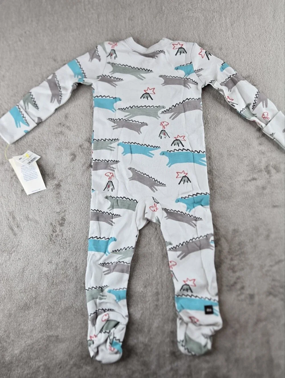 Tea Collection White Baby Sleeper PJ Footie with Dino Teal and Gray Prints 6-9 M